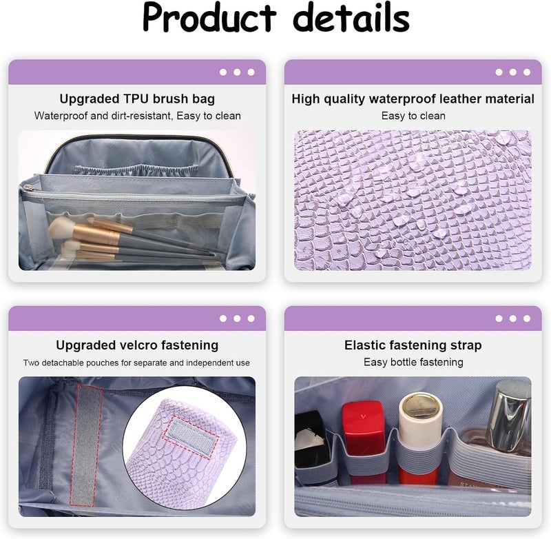BOYATU Travel Makeup Bags for Women: 3 Pcs Set Wide Open Cosmetic Bag - Portable Make up Bags with Handle - Vegan Leather Toiletry Organizer Bag with Divider (G-01-Purple) - Image 5